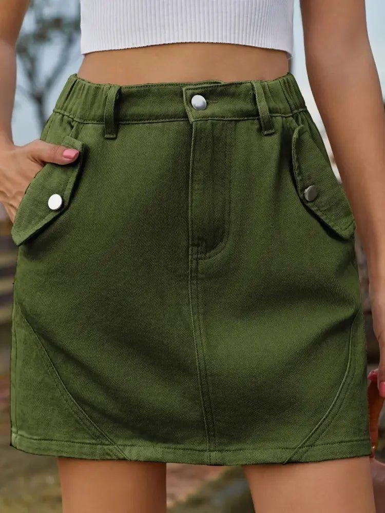 Pocketed Buttoned Mini Denim Skirt - Update AvenueDenim Dresses & SkirtsTrendsi100100987931190100100987931190f565cef2 - dac9 - 46db - bd81 - c092e11501d4 - MaxArmy Green