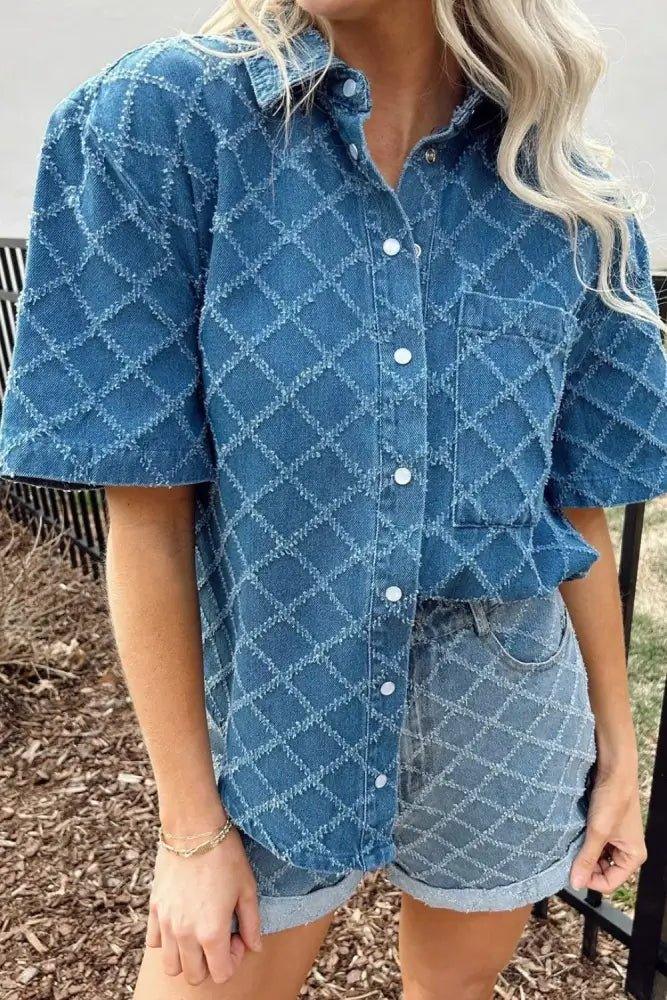 Pocketed Collared Neck Short Sleeve Denim Shirt - Update AvenueTrendsi1001007825812601001007825812606ea5a06b - 93d9 - 42d8 - 8169 - 3581485668b7 - Max - OriginDusty Blue
