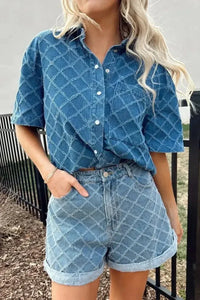 Pocketed Collared Neck Short Sleeve Denim Shirt - Update AvenueTrendsi100100782581260100100782581260db223edb - cf4c - 4d69 - 8a6b - 168f35f4938b - Max - OriginDusty Blue