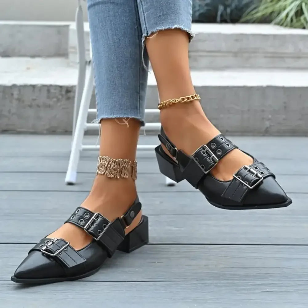 Point Toe Block Heels Slingback Pumps