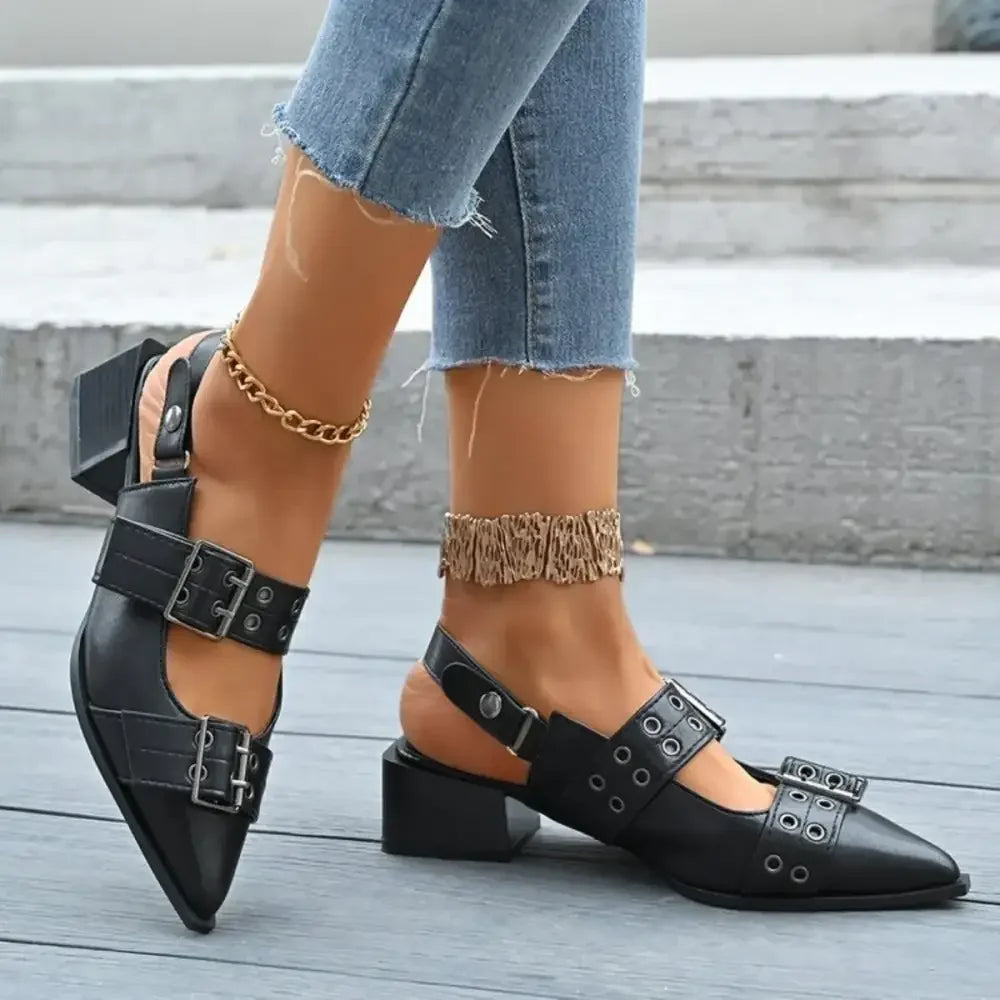Point Toe Block Heels Slingback Pumps