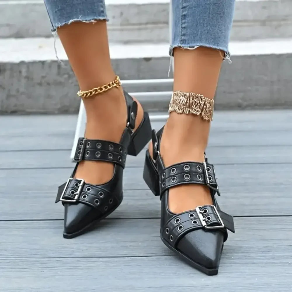 Point Toe Block Heels Slingback Pumps