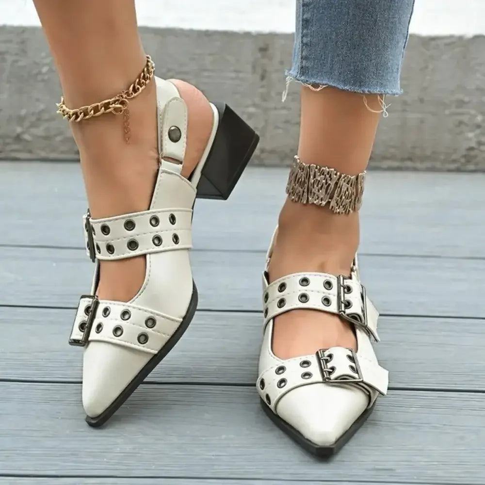 Point Toe Block Heels Slingback Pumps
