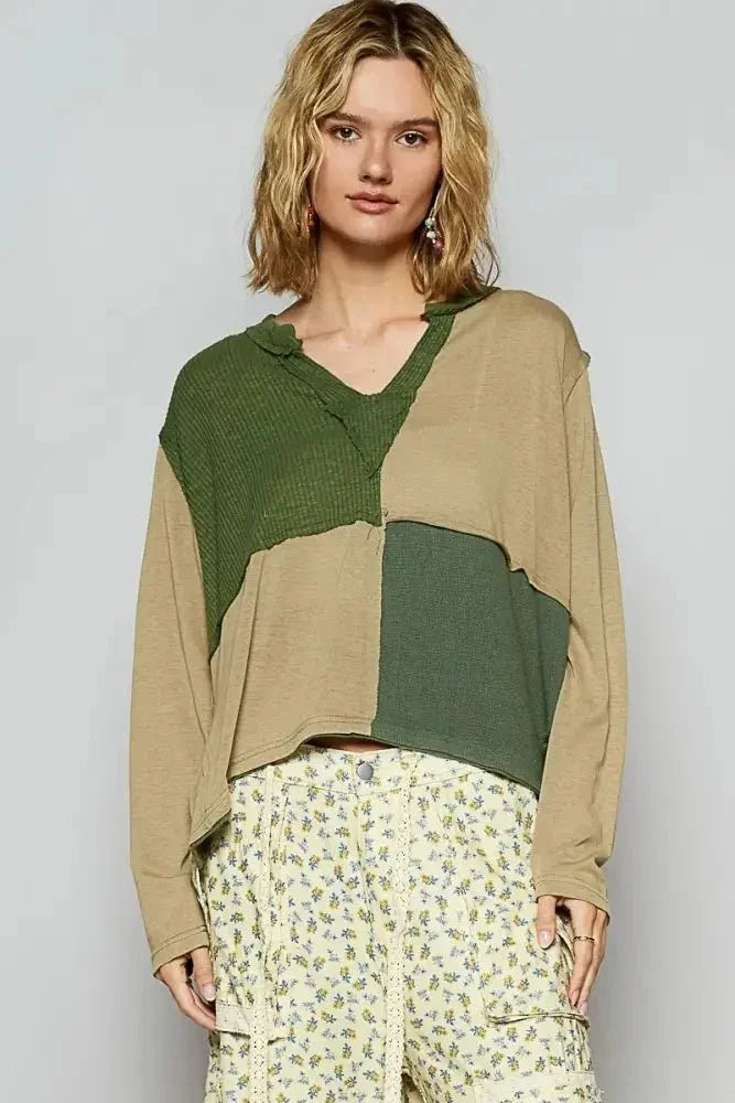 POL Color Block Notched Long Sleeve T-Shirt - Update AvenueT-ShirtsTrendsi100100113751381100100113751381dd4aa285 - e560 - 4a7b - 9afb - 864dea2f85ea - Max - OriginMatcha Green