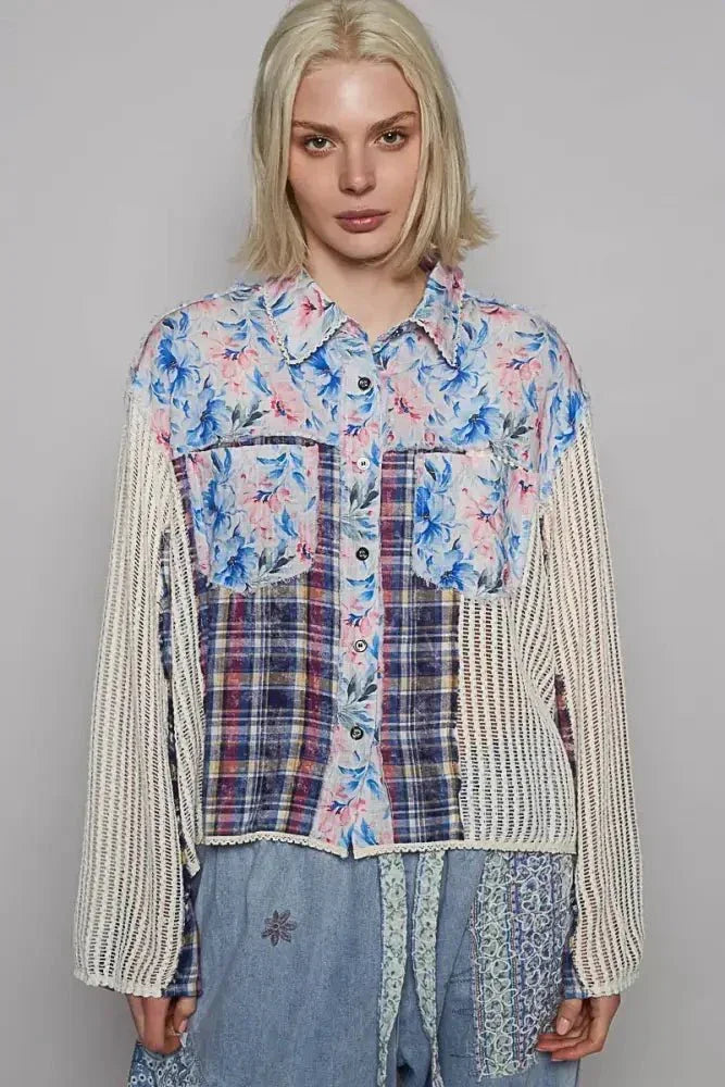 POL Floral Slit Back Plaid Patchwork Shirt - Update AvenueTrendsi100100294401658100100294401658b3976803 - 249f - 4d25 - 99fa - c03d5905362a - Max - OriginBlue