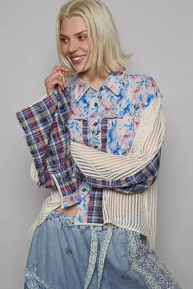 POL Floral Slit Back Plaid Patchwork Shirt - Update AvenueTrendsi1001002944016581001002944016587e32f575 - 5a4f - 43db - a0a7 - 10af5dff86f6 - Max - OriginBlue