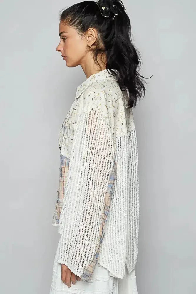 POL Floral Slit Back Plaid Patchwork Shirt - Update AvenueTrendsi1001006735516951001006735516952688ac32 - 8569 - 40a5 - 9135 - f8141d3b8664 - Max - OriginIvory