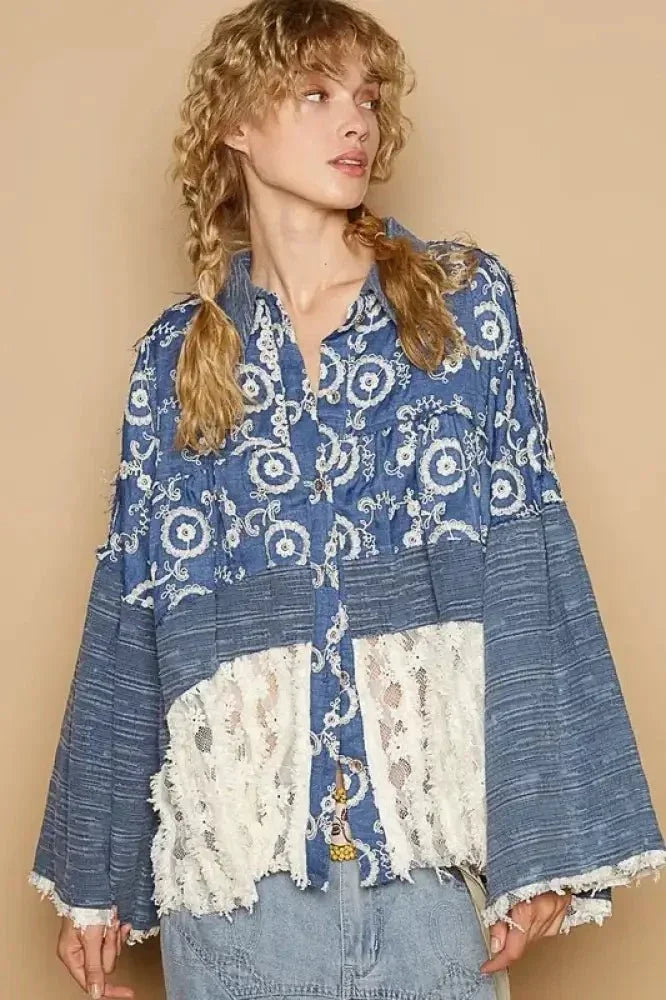 POL Lace Hem Embroidered Long Sleeve Shirt - Update AvenueFestival VibesTrendsi100100589541416100100589541416562a97ae - 0f4c - 46ad - 8a00 - 6bea8588616f - MaxPeacock Blue