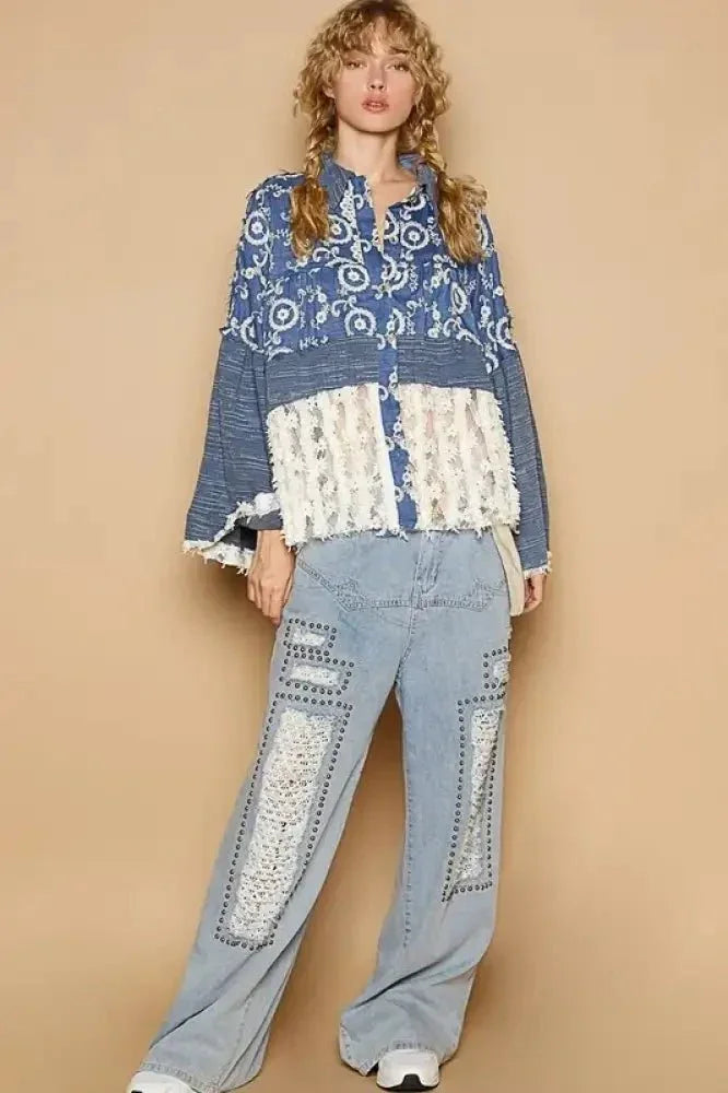 POL Lace Hem Embroidered Long Sleeve Shirt - Update AvenueFestival VibesTrendsi10010058954141610010058954141638715212 - a5f5 - 4b0c - bfac - cf1f3e37bffa - MaxPeacock Blue
