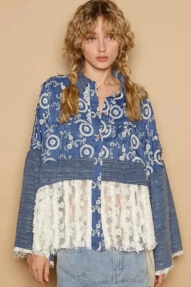 POL Lace Hem Embroidered Long Sleeve Shirt - Update AvenueFestival VibesTrendsi10010058954141610010058954141681447c1f - 83b9 - 4194 - bd66 - ec2a1cb2b329 - MaxPeacock Blue