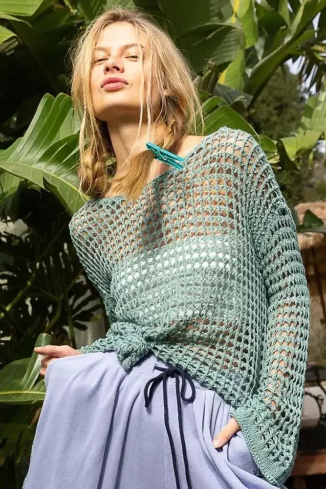 POL Side Slit Openwork Long Sleeve Knit Cover Up - Update AvenueTrendsi1001007418017631001007418017639565bf52 - 7ac2 - 4b35 - b2e3 - 1b8acb1575b1 - MaxDUSKY TEAL
