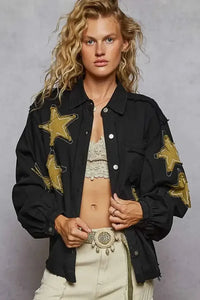 POL Star Patch Raw Hem Button Up Denim Jacket
