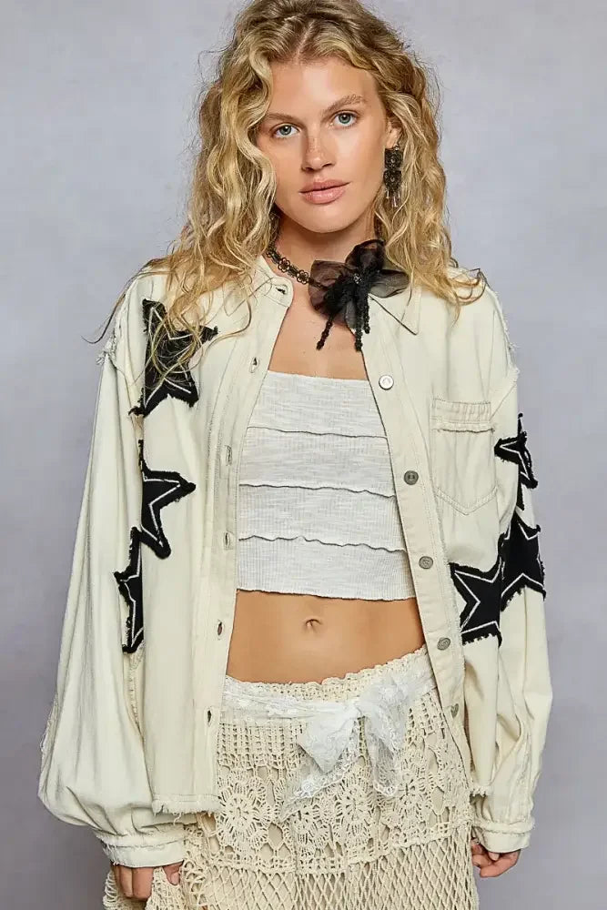 POL Star Patch Raw Hem Button Up Denim Jacket