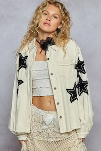 POL Star Patch Raw Hem Button Up Denim Jacket