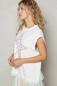 POL Star Patch Studded Sleeveless T-Shirt with Lace Hem - Update AvenueT-ShirtsTrendsi1001000949919541001000949919540028feab - 7942 - 456e - b10e - 5fe77046b166 - Max - OriginWhite