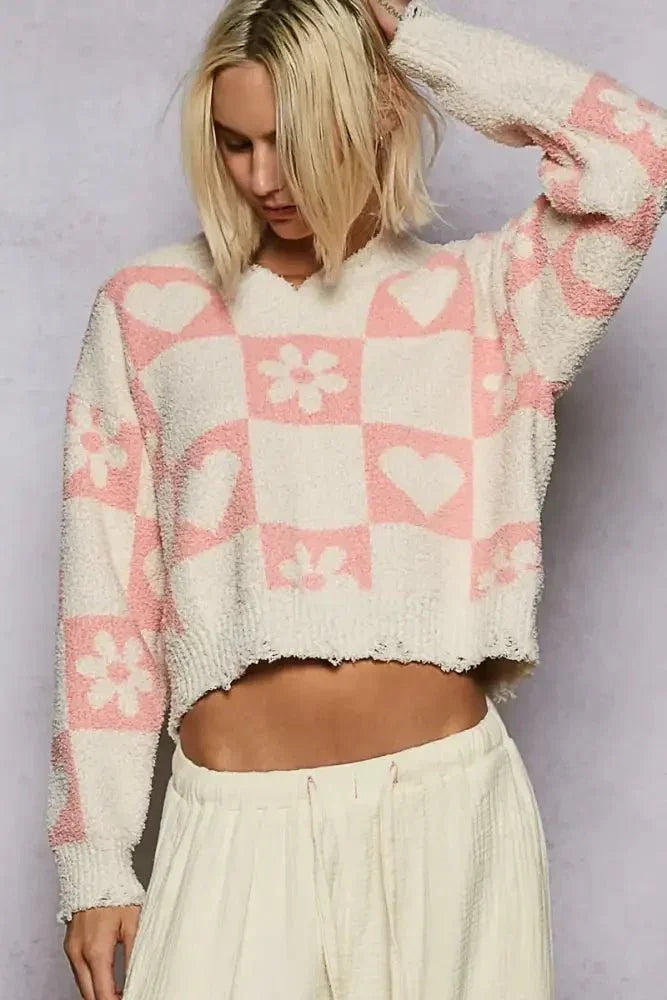 POL V - Neck Heart Pattern Checkered Sweater - Update AvenueTrendsi1001003624412391001003624412394a801bfb - 29ab - 41bd - 83da - b173602f6502 - Max - OriginCREAM/PINK
