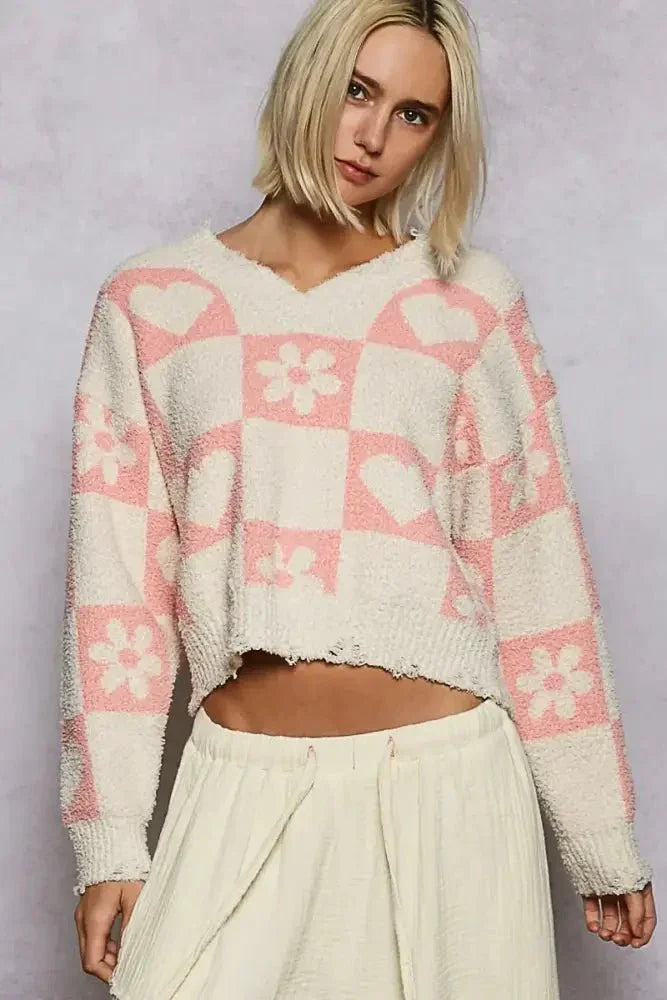 POL V - Neck Heart Pattern Checkered Sweater - Update AvenueTrendsi100100362441239100100362441239400c343c - d780 - 45bc - 8357 - 9e703617be1e - Max - OriginCREAM/PINK