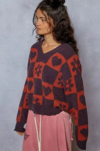 POL V - Neck Heart Pattern Checkered Sweater - Update AvenueTrendsi100100741981910100100741981910f1c3a617 - f55d - 435e - 9ce6 - 37f4ad5fa119 - Max - OriginCHARCOAL/BURGUN