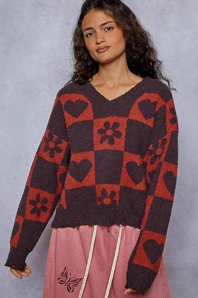 POL V - Neck Heart Pattern Checkered Sweater - Update AvenueTrendsi1001007419819101001007419819108c506131 - 0983 - 4716 - a366 - 839706e751db - Max - OriginCHARCOAL/BURGUN