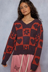 POL V - Neck Heart Pattern Checkered Sweater - Update AvenueTrendsi1001007419819101001007419819108c506131 - 0983 - 4716 - a366 - 839706e751db - Max - OriginCHARCOAL/BURGUN