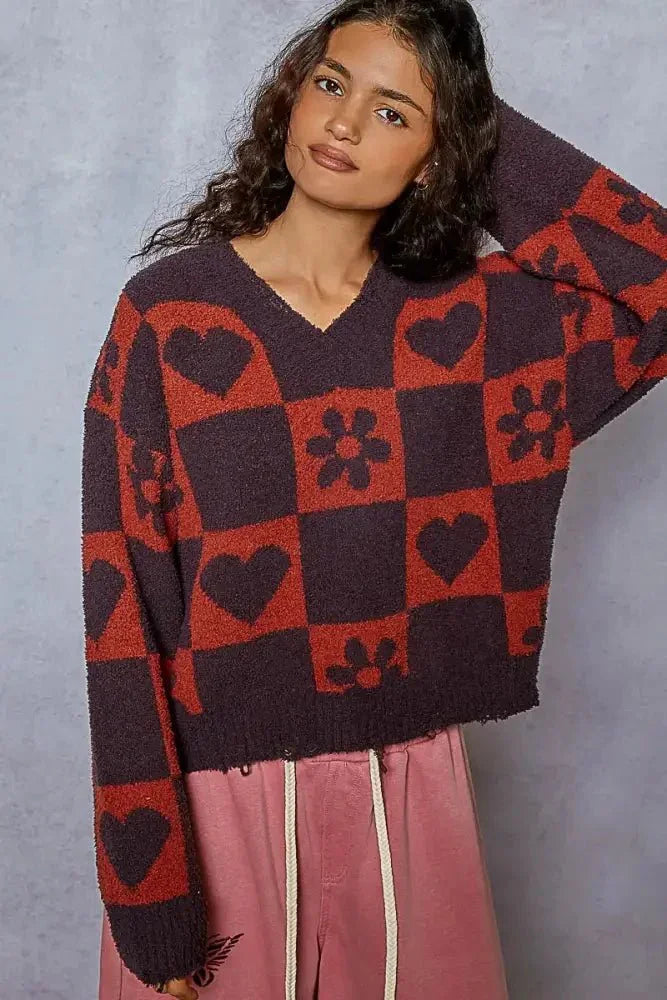 POL V - Neck Heart Pattern Checkered Sweater - Update AvenueTrendsi100100741981910100100741981910548f01f6 - 592a - 47d6 - 98a3 - 4a34fd6a7e41 - Max - OriginCHARCOAL/BURGUN