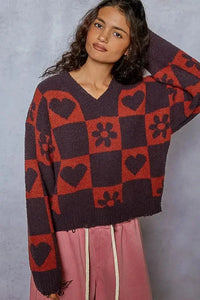 POL V - Neck Heart Pattern Checkered Sweater - Update AvenueTrendsi100100741981910100100741981910548f01f6 - 592a - 47d6 - 98a3 - 4a34fd6a7e41 - Max - OriginCHARCOAL/BURGUN