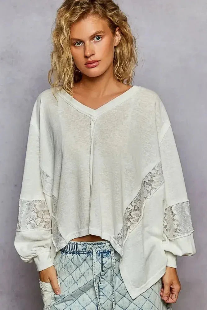 POL V - Neck Long Sleeve T-Shirt with Lace Detail - Update AvenueT-ShirtsTrendsi10010042965132510010042965132586221ae2 - 0c5d - 453b - a3dc - 991d45795658 - Max - OriginWhite