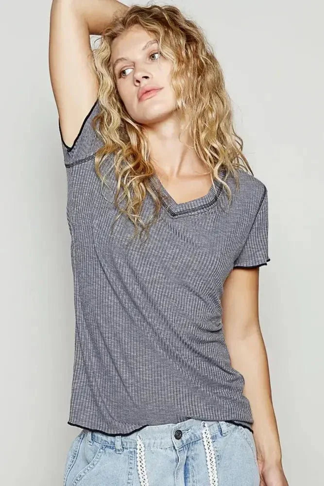 POL V - Neck Short Sleeve Ribbed T-Shirt with Contrast Overlock Stitching - Update AvenueT-ShirtsTrendsi10010057273123910010057273123936bb32d0 - a4df - 47dc - a74d - 46f651c41057 - Max - OriginCHARCOAL