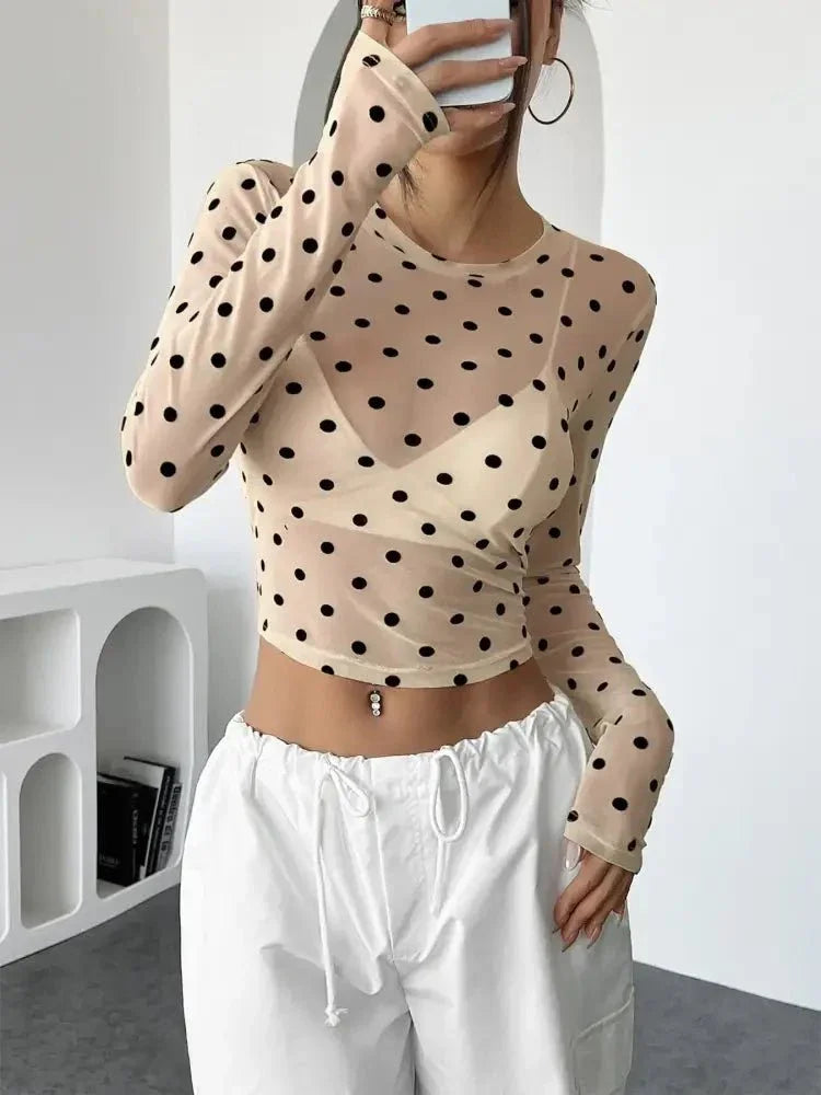 Polka Dot Mesh Long Sleeve Crop Top - Update AvenueT-ShirtsTrendsi1001003089684921001003089684922e69c8f14bb14de4a02abdac0a10b20b - Max - OriginWhite