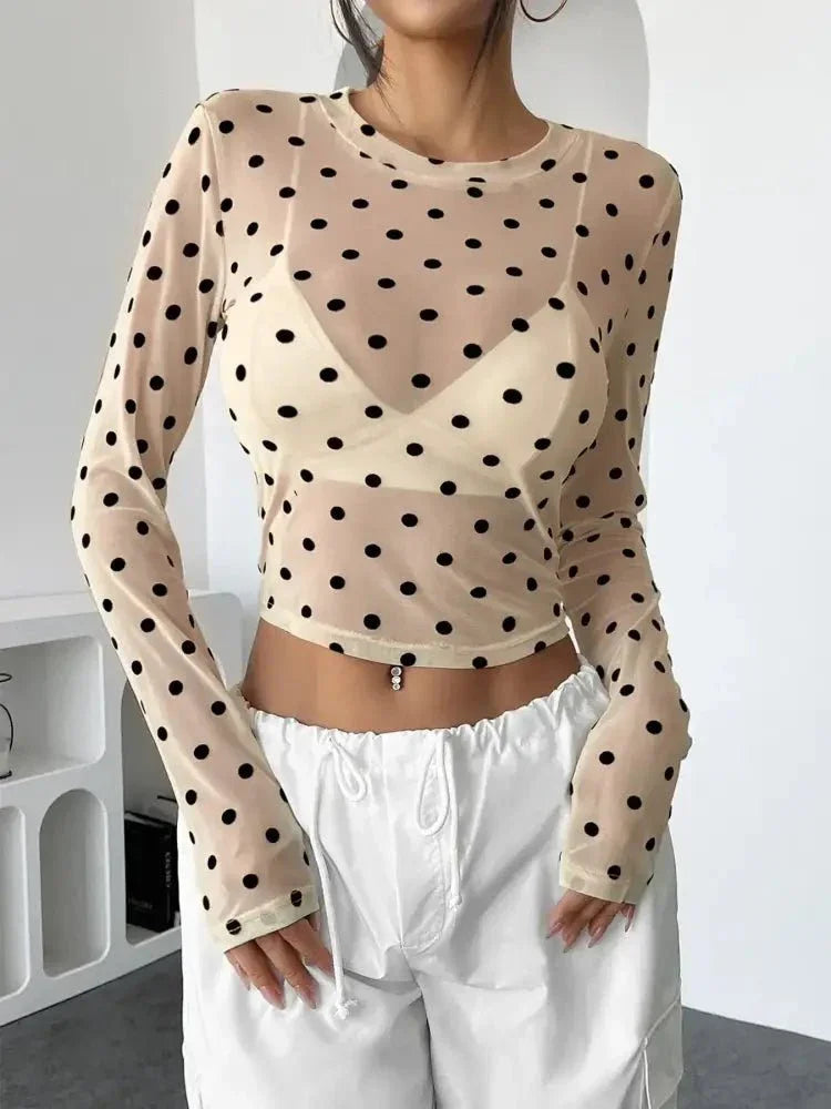 Polka Dot Mesh Long Sleeve Crop Top - Update AvenueT-ShirtsTrendsi100100308968492100100308968492dc3536ccd7c34736a1ac8e020f711f32 - Max - OriginWhite