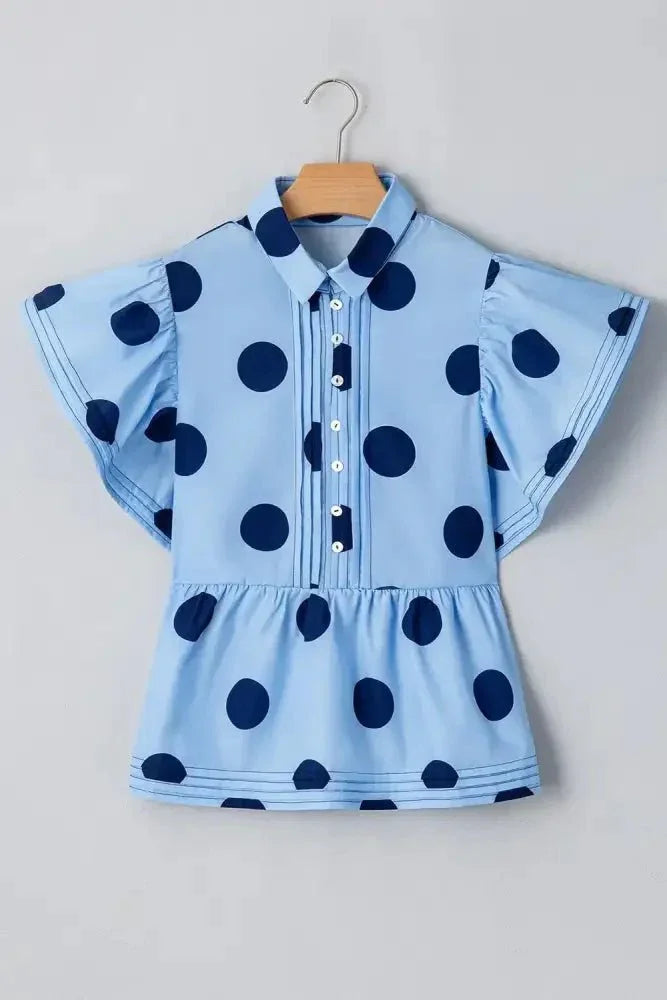 Polka Dot Print Ruffled Short Sleeve Buttoned Collared Blouse - Update AvenueVacation StyleTrendsi10010038329732310010038329732311848157 - 7785 - 426d - a480 - 3e69aa36c342 - MaxLight Blue