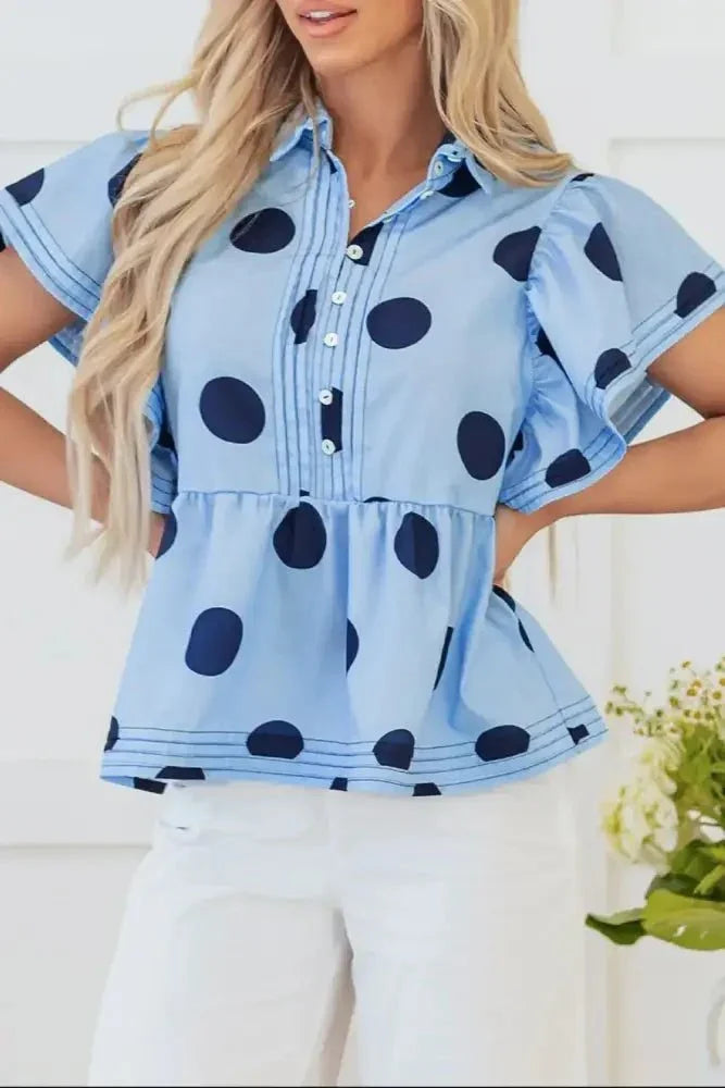Polka Dot Print Ruffled Short Sleeve Buttoned Collared Blouse - Update AvenueVacation StyleTrendsi100100383297323100100383297323c1304f22 - 7197 - 4bb8 - a1b6 - f25e4b4d4ddf - MaxLight Blue