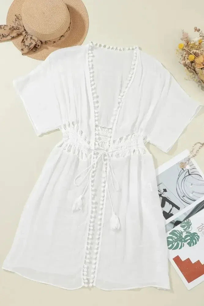 Pom Pom Trim Drawstring Waist Cover - Up - Update AvenueBoho VibesTrendsi100100664868610100100664868610dcc681f6 - cde8 - 4fe2 - 99de - c9c6d8ea323d - Max - OriginWhite