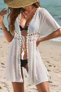 Pom Pom Trim Drawstring Waist Cover - Up - Update AvenueBoho VibesTrendsi100100664868610100100664868610af338a22 - f247 - 4565 - 9da1 - 1546120cafe9 - Max - OriginWhite