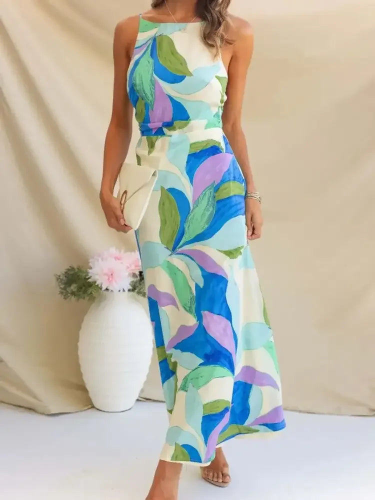 Printed Backless Sleeveless Maxi Dress