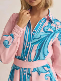Printed Button Down Belted Shirt Dress - Update AvenueCasual DressesTrendsi100100023923592100100023923592Printed Button Down Belted Shirt DressFoundation Blue Print
