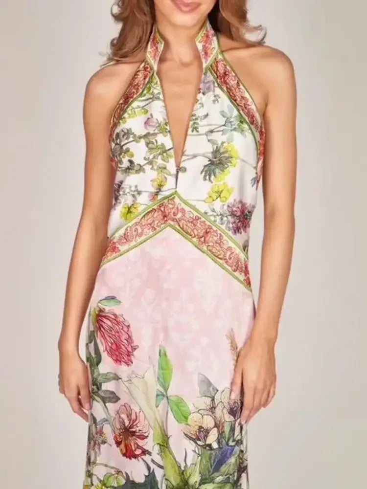 Printed Halter Neck Backless Maxi Dress