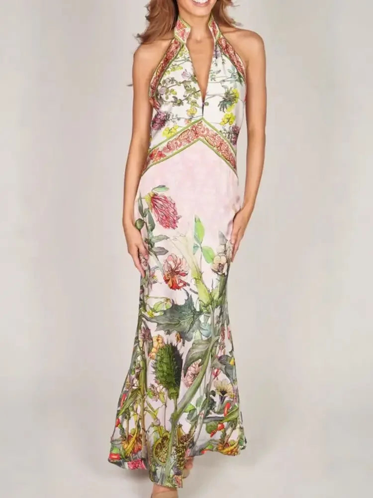 Printed Halter Neck Backless Maxi Dress