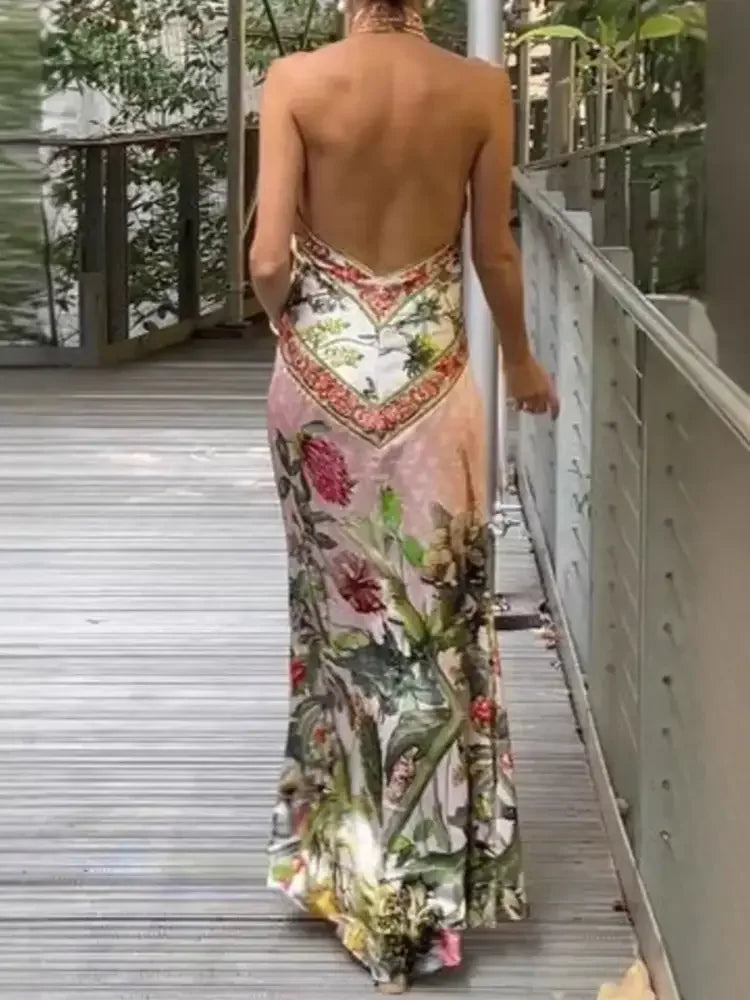 Printed Halter Neck Backless Maxi Dress