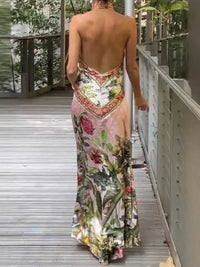 Printed Halter Neck Backless Maxi Dress