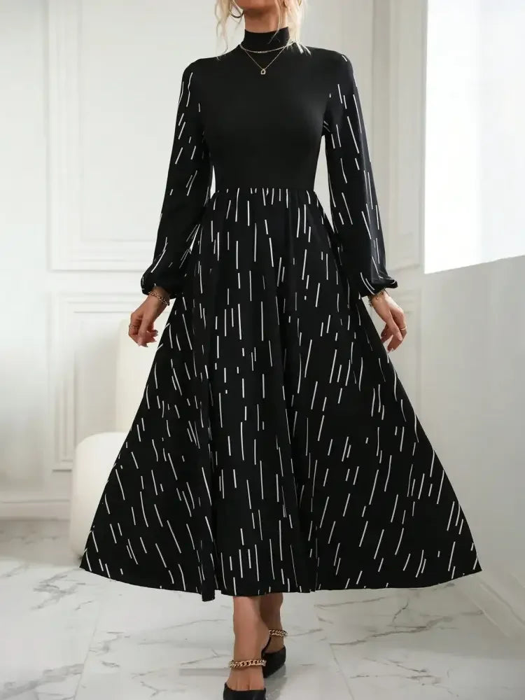 Printed Long Sleeve Mock Neck Dress