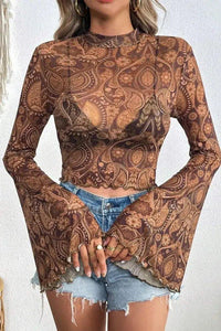 Printed Mock Neck Flare Sleeve Top - Update AvenueBoho VibesTrendsi1001005174714601001005174714604d037df7 - 92bb - 41e4 - 85ac - f787f44d7db3 - MaxBrown