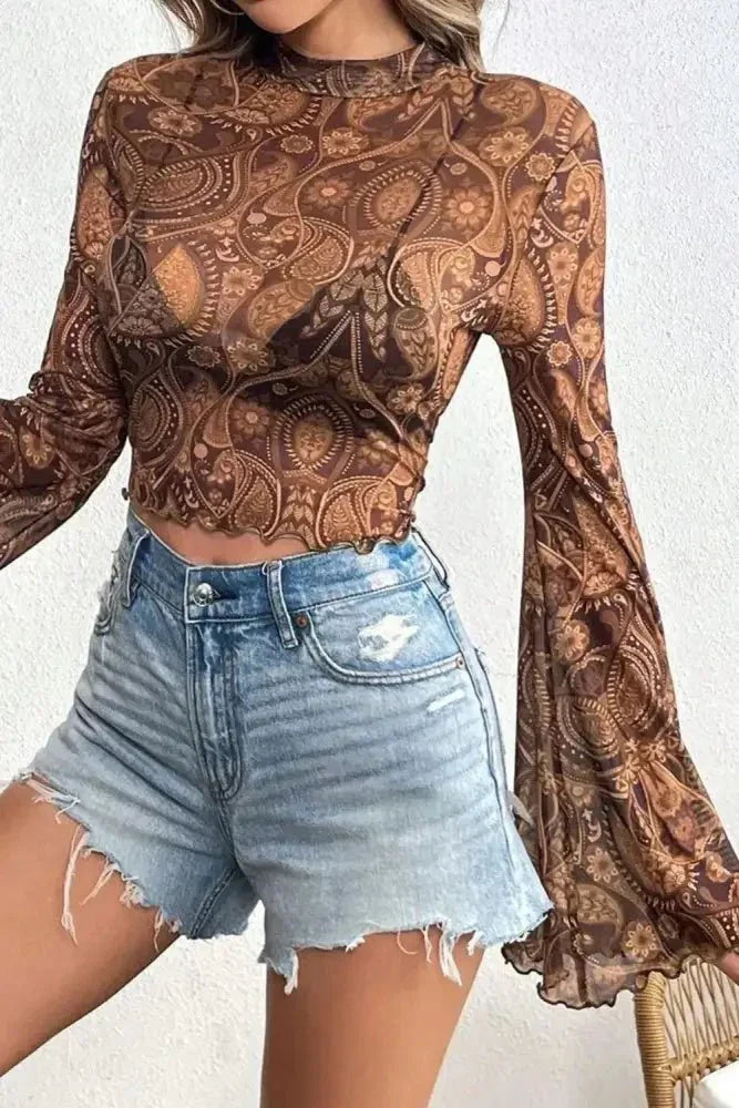 Printed Mock Neck Flare Sleeve Top - Update AvenueBoho VibesTrendsi10010051747146010010051747146025955175 - b02d - 40d2 - b39a - f9ff430fade8 - MaxBrown