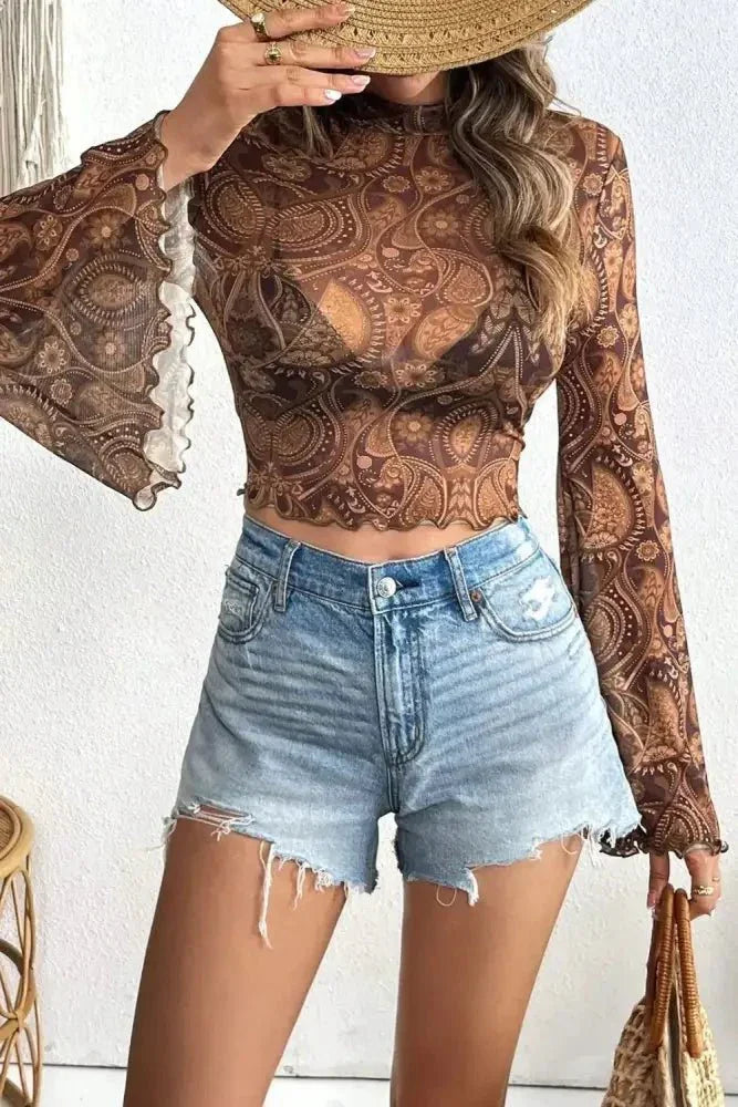 Printed Mock Neck Flare Sleeve Top - Update AvenueBoho VibesTrendsi1001005174714601001005174714606dff4832 - 501d - 4560 - b8d6 - bc4985e08f06 - MaxBrown