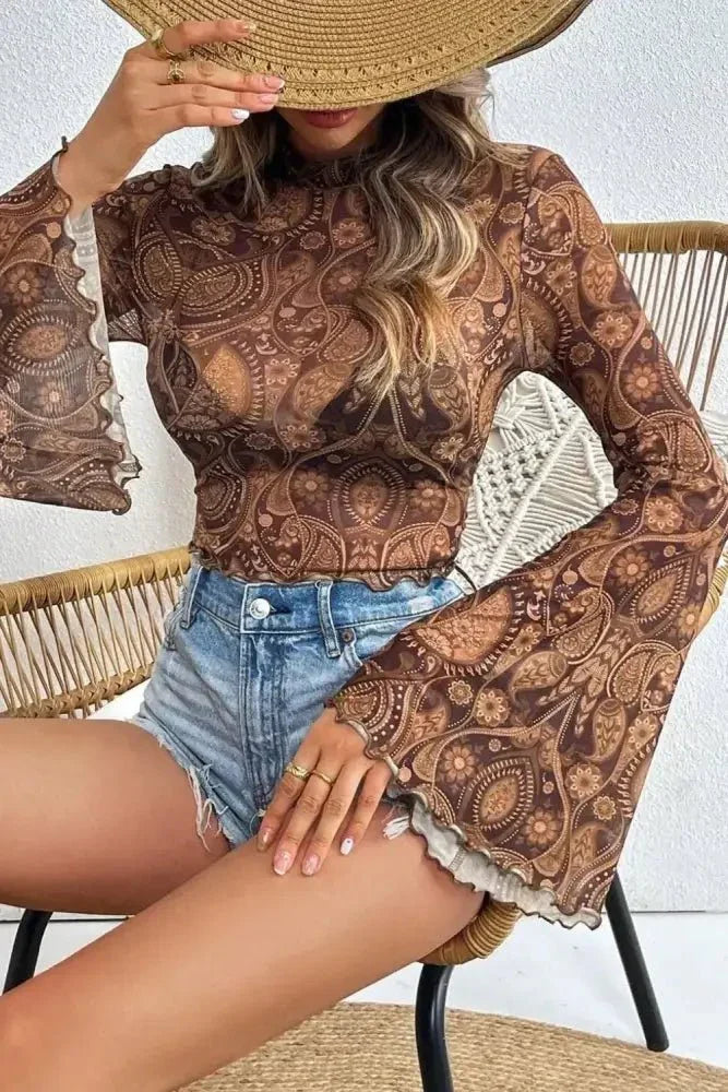 Printed Mock Neck Flare Sleeve Top - Update AvenueBoho VibesTrendsi1001005174714601001005174714607bb2439a - 5137 - 45ca - b820 - e3f7c6ec53e7 - MaxBrown