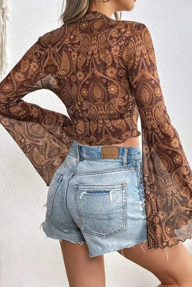 Printed Mock Neck Flare Sleeve Top - Update AvenueBoho VibesTrendsi1001005174714601001005174714606896e49e - 65e0 - 46cf - bc2d - 8f576fbc67cd - MaxBrown