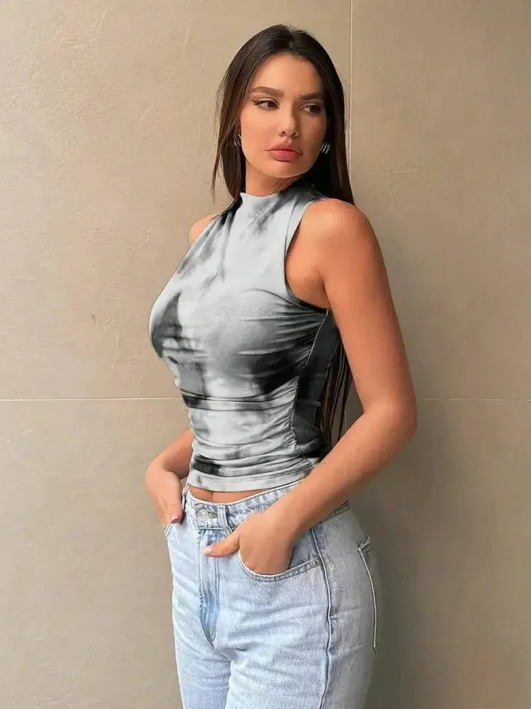 Printed Mock Neck Ruched Tank - Update AvenueFestival VibesTrendsi1001000181211391001000181211395236a516 - cc79 - 4eb8 - b0c0 - 8d8305474b39 - MaxGray