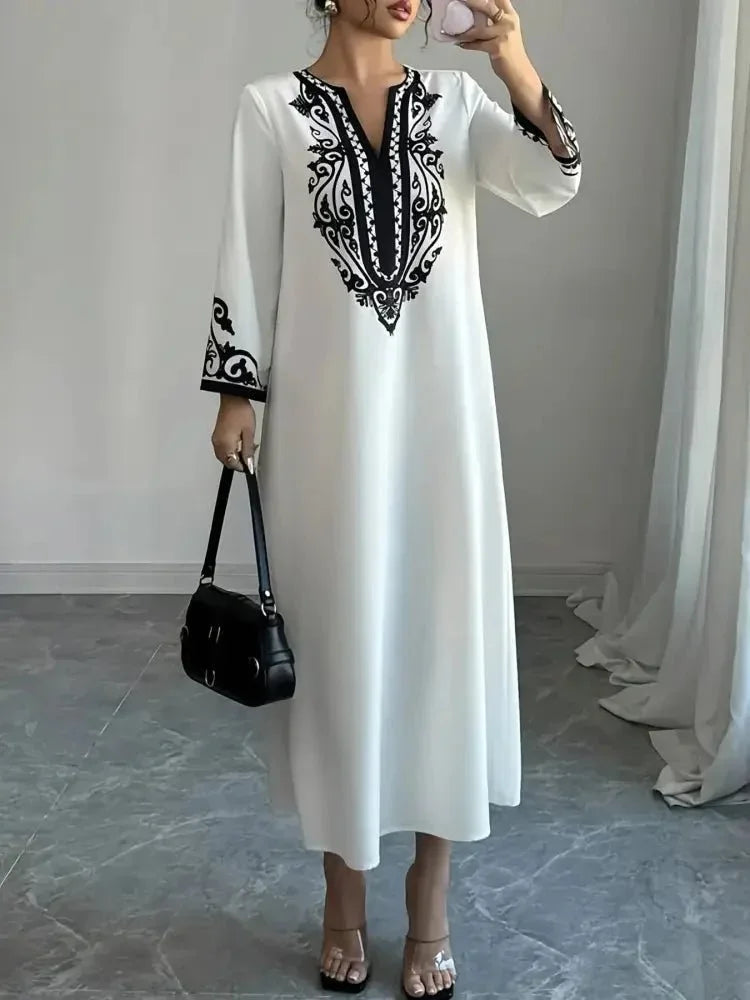 Printed Notched Long Sleeve Midi Dress - Update AvenueCasual DressesTrendsi100100610042745100100610042745Printed Notched Long Sleeve Midi DressWhite