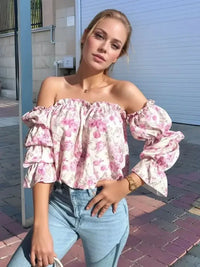 Printed Off - Shoulder Flounce Sleeve Blouse - Update AvenueVacation StyleTrendsi1001009280049131001009280049135860011b - e80b - 42e3 - a313 - a52d856b7fe9 - MaxBlush Pink