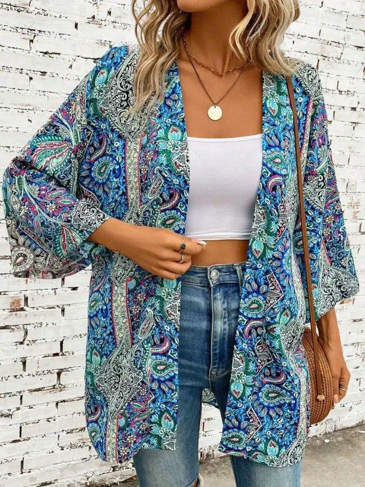 Printed Open Front Three - Quarter Sleeve Cover Up - Update AvenueChic BeachwearTrendsi100100071428395100100071428395e8a25ee0 - 79bf - 4213 - 8168 - ff861b05d21b - MaxTeal